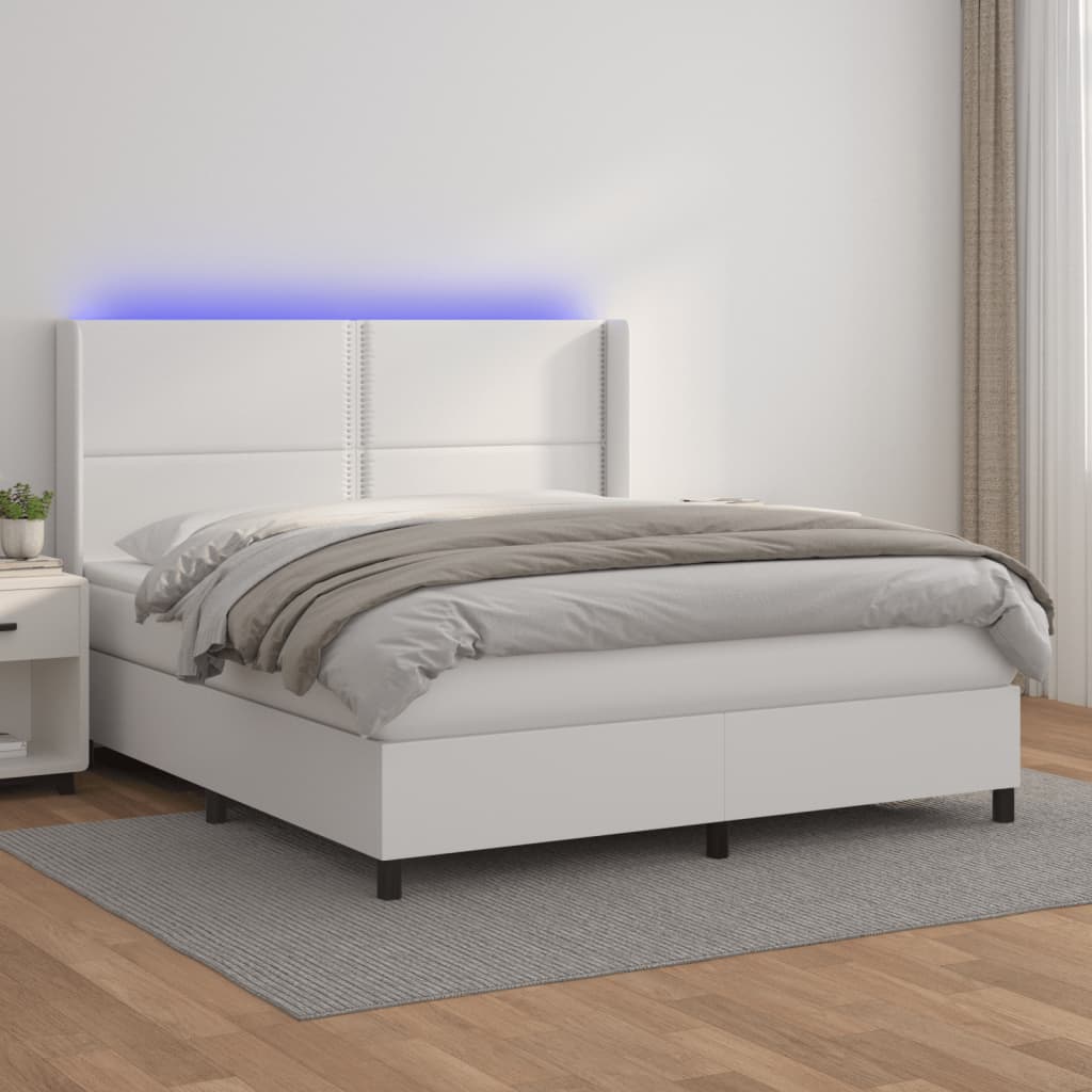 Κρεβάτι Boxspring με Στρώμα & LED Λευκό 160x200 εκ. Συνθ. Δέρμα