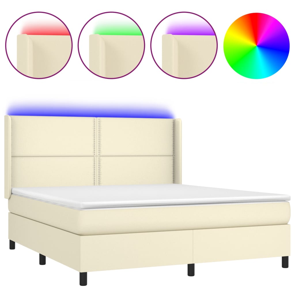 Κρεβάτι Boxspring με Στρώμα & LED Κρεμ 160x200 εκ. Συνθ. Δέρμα - Pakobazaar