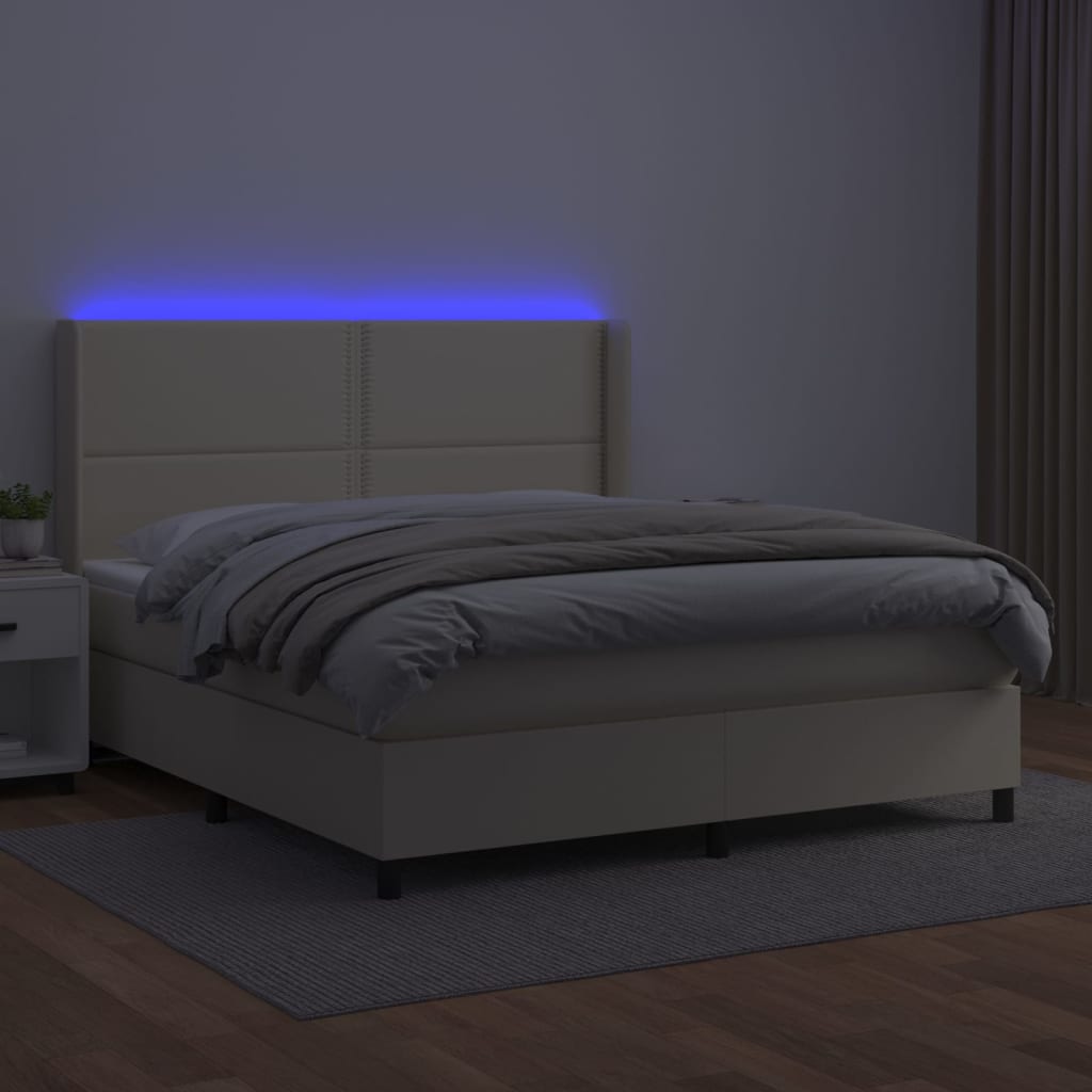 Κρεβάτι Boxspring με Στρώμα & LED Κρεμ 160x200 εκ. Συνθ. Δέρμα - Pakobazaar