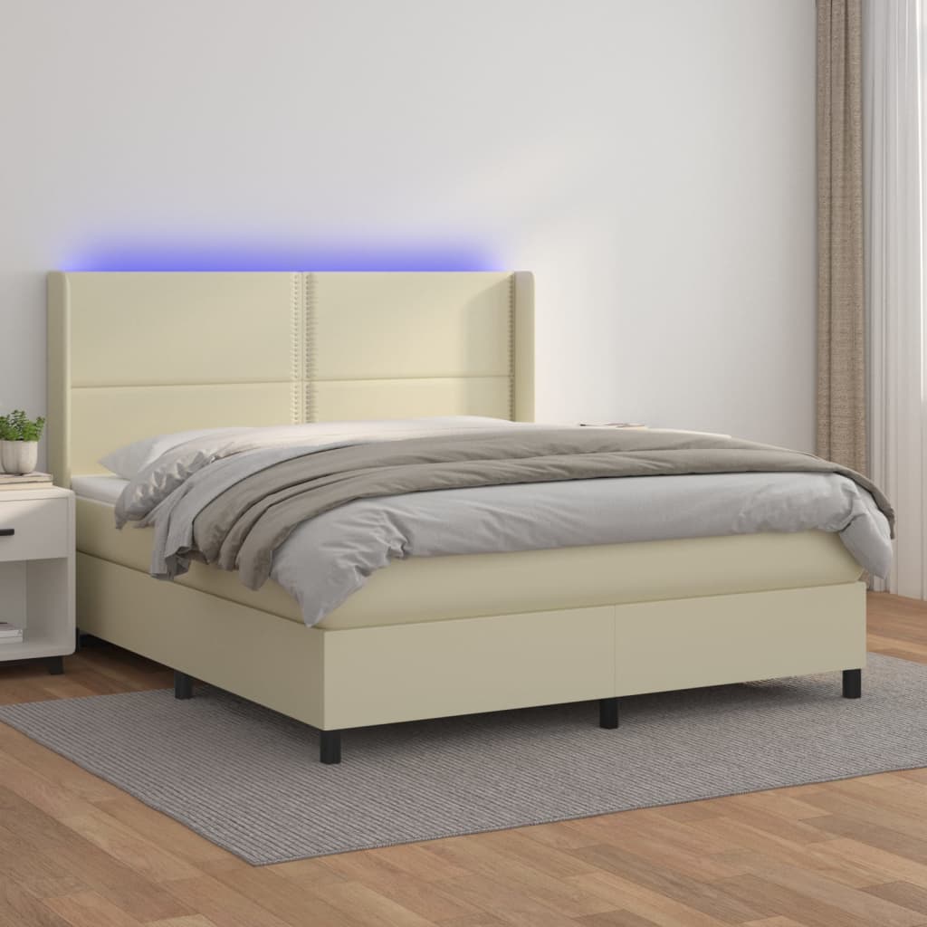 Κρεβάτι Boxspring με Στρώμα & LED Κρεμ 160x200 εκ. Συνθ. Δέρμα - Pakobazaar
