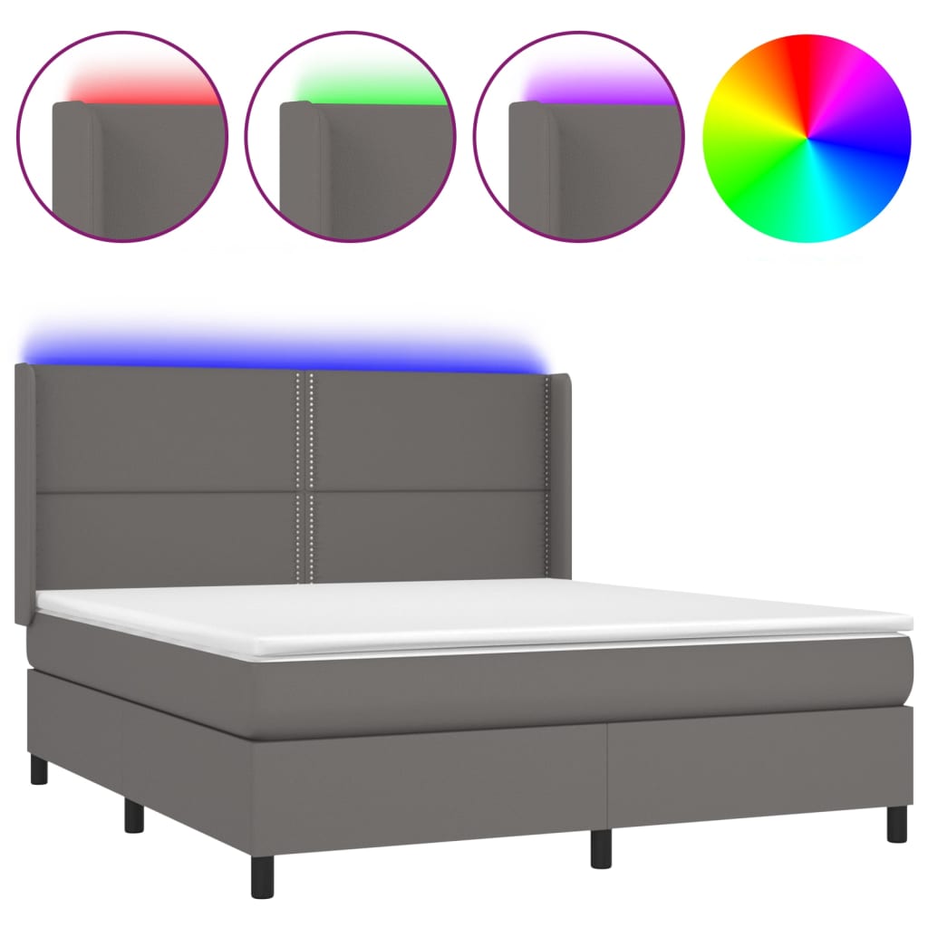 Κρεβάτι Boxspring με Στρώμα & LED Γκρι 160x200 εκ. Συνθ. Δέρμα