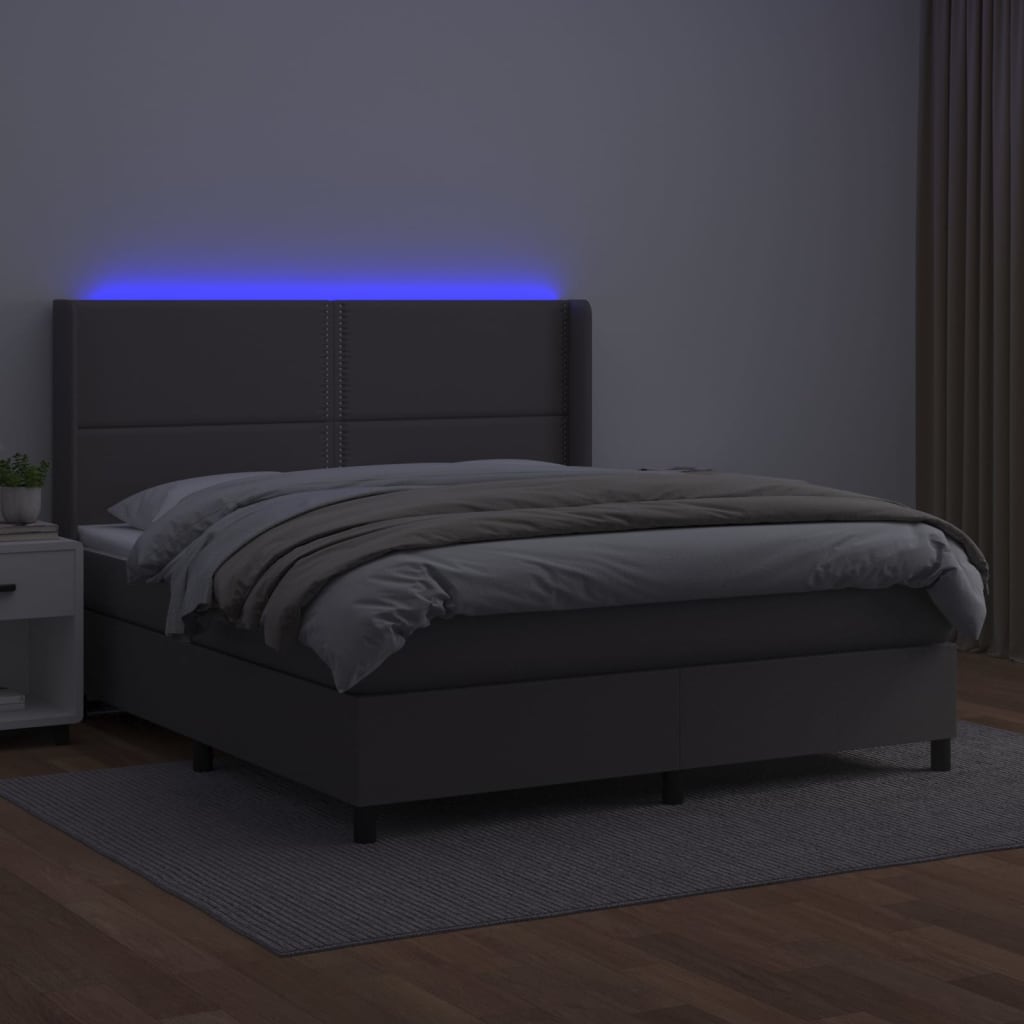 Κρεβάτι Boxspring με Στρώμα & LED Γκρι 160x200 εκ. Συνθ. Δέρμα