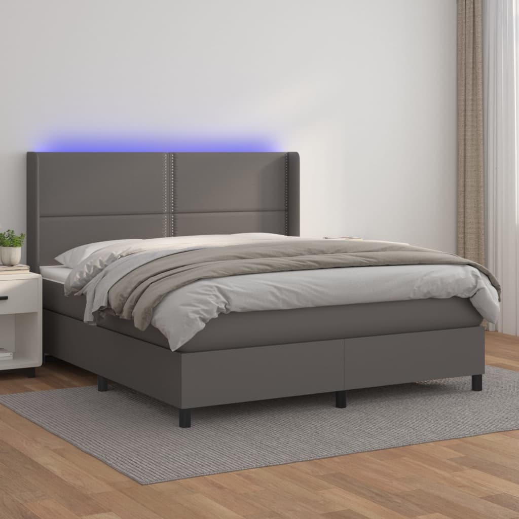 Κρεβάτι Boxspring με Στρώμα & LED Γκρι 160x200 εκ. Συνθ. Δέρμα