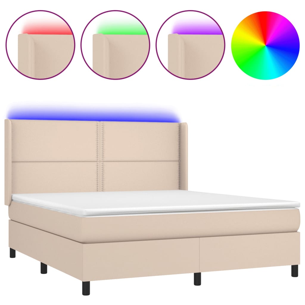 Κρεβάτι Boxspring Στρώμα&LED Καπουτσίνο 160x200 εκ. Συνθ. Δέρμα