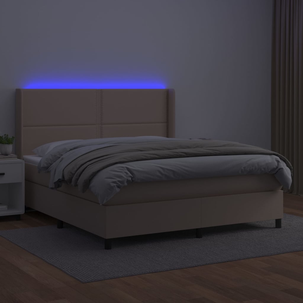 Κρεβάτι Boxspring Στρώμα&LED Καπουτσίνο 160x200 εκ. Συνθ. Δέρμα