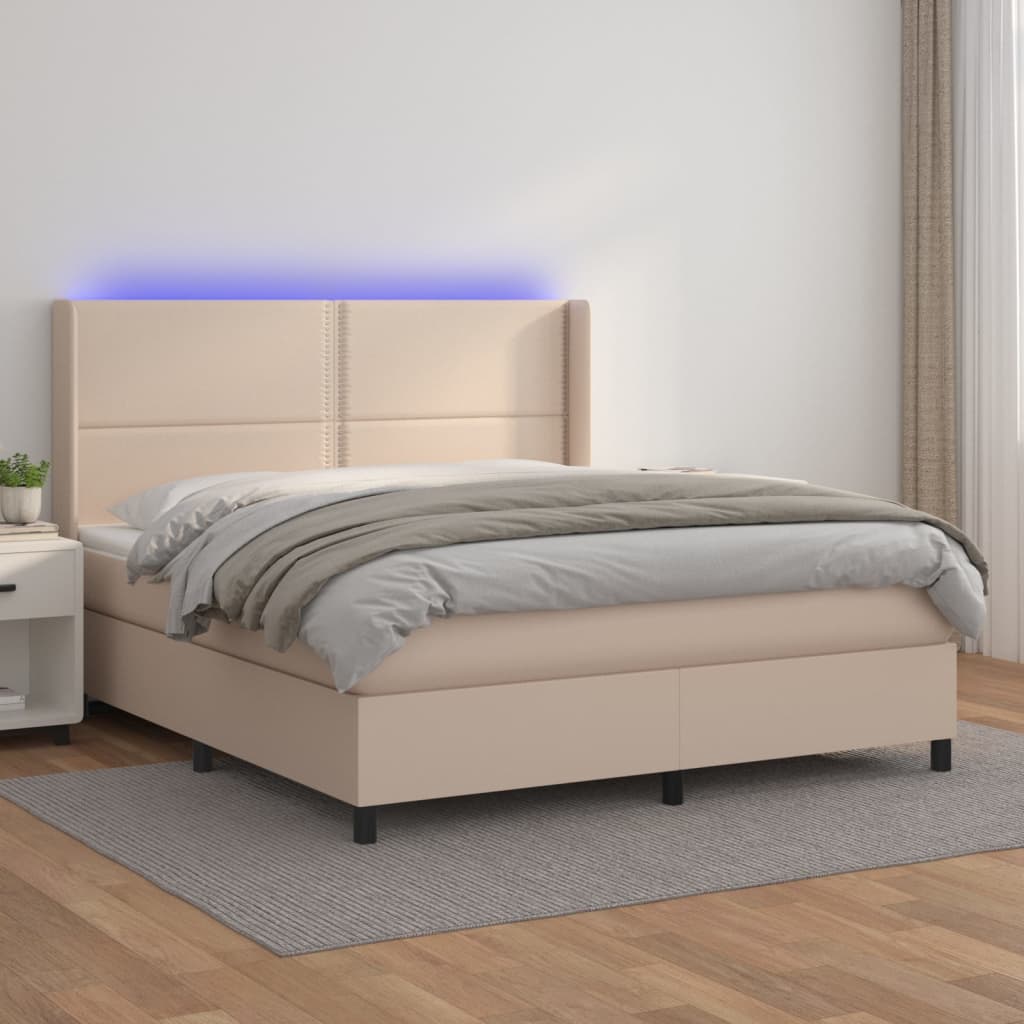 Κρεβάτι Boxspring Στρώμα&LED Καπουτσίνο 160x200 εκ. Συνθ. Δέρμα