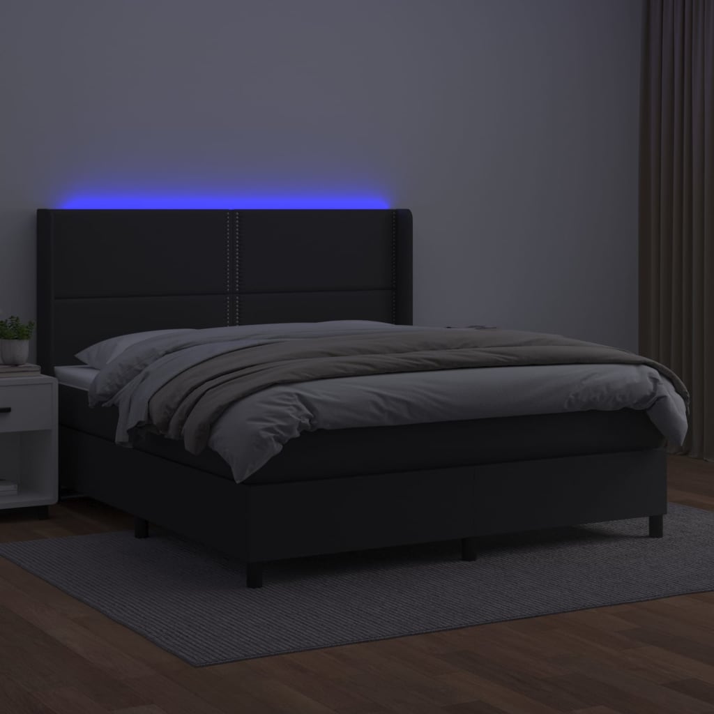 Κρεβάτι Boxspring με Στρώμα & LED Μαύρο 180x200 εκ. Συνθ. Δέρμα