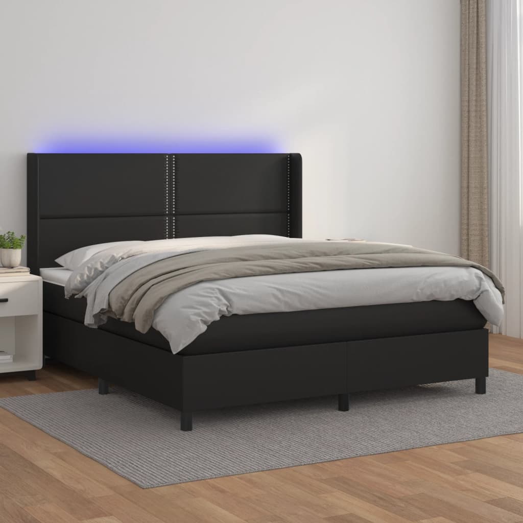 Κρεβάτι Boxspring με Στρώμα & LED Μαύρο 180x200 εκ. Συνθ. Δέρμα
