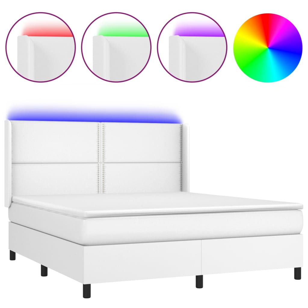 Κρεβάτι Boxspring με Στρώμα & LED Λευκό 180x200 εκ. Συνθ. Δέρμα