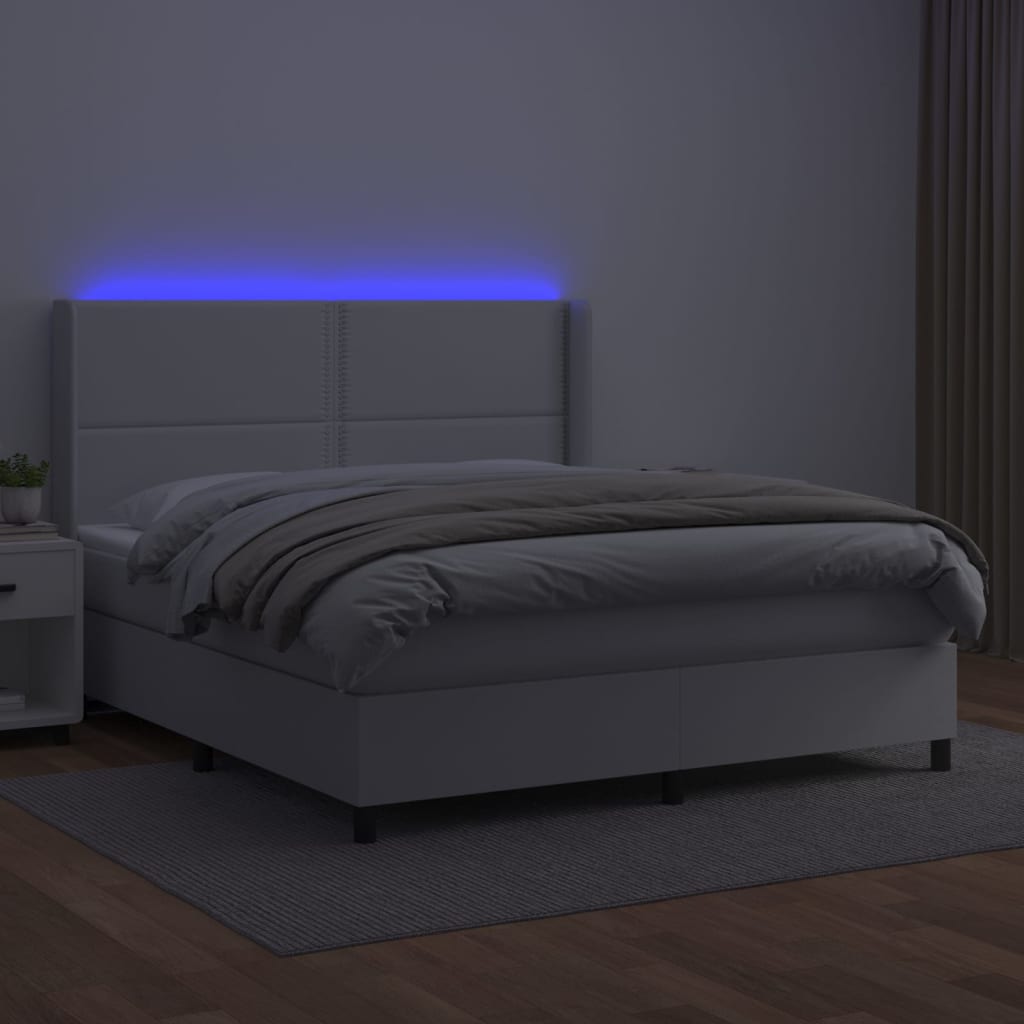 Κρεβάτι Boxspring με Στρώμα & LED Λευκό 180x200 εκ. Συνθ. Δέρμα