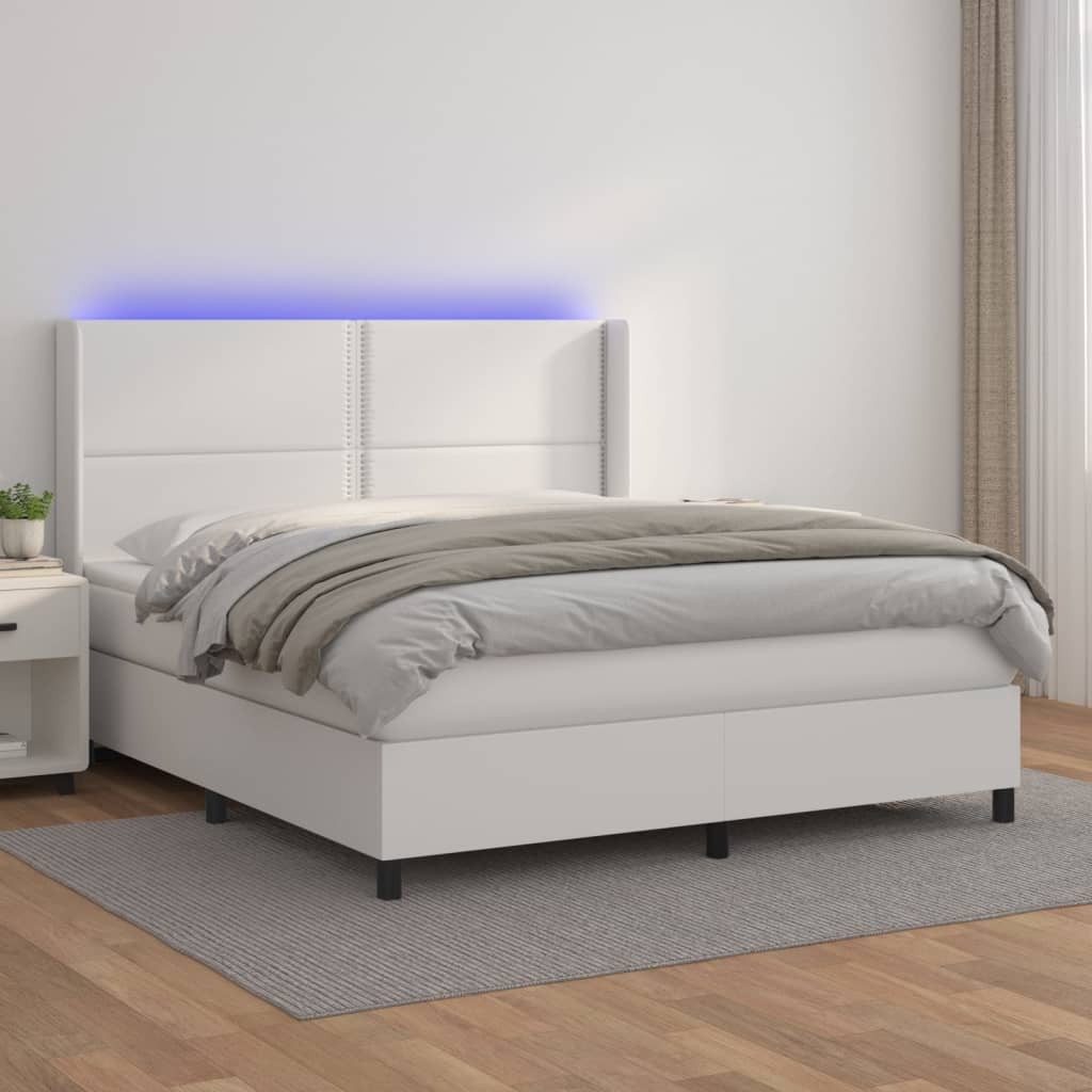Κρεβάτι Boxspring με Στρώμα & LED Λευκό 180x200 εκ. Συνθ. Δέρμα