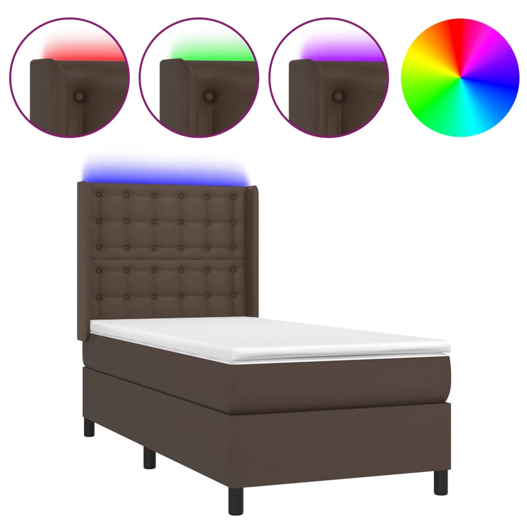 Κρεβάτι Boxspring με Στρώμα & LED Καφέ 90x190 εκ. Συνθ. Δέρμα