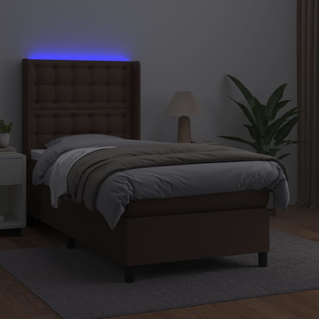 Κρεβάτι Boxspring με Στρώμα & LED Καφέ 90x190 εκ. Συνθ. Δέρμα