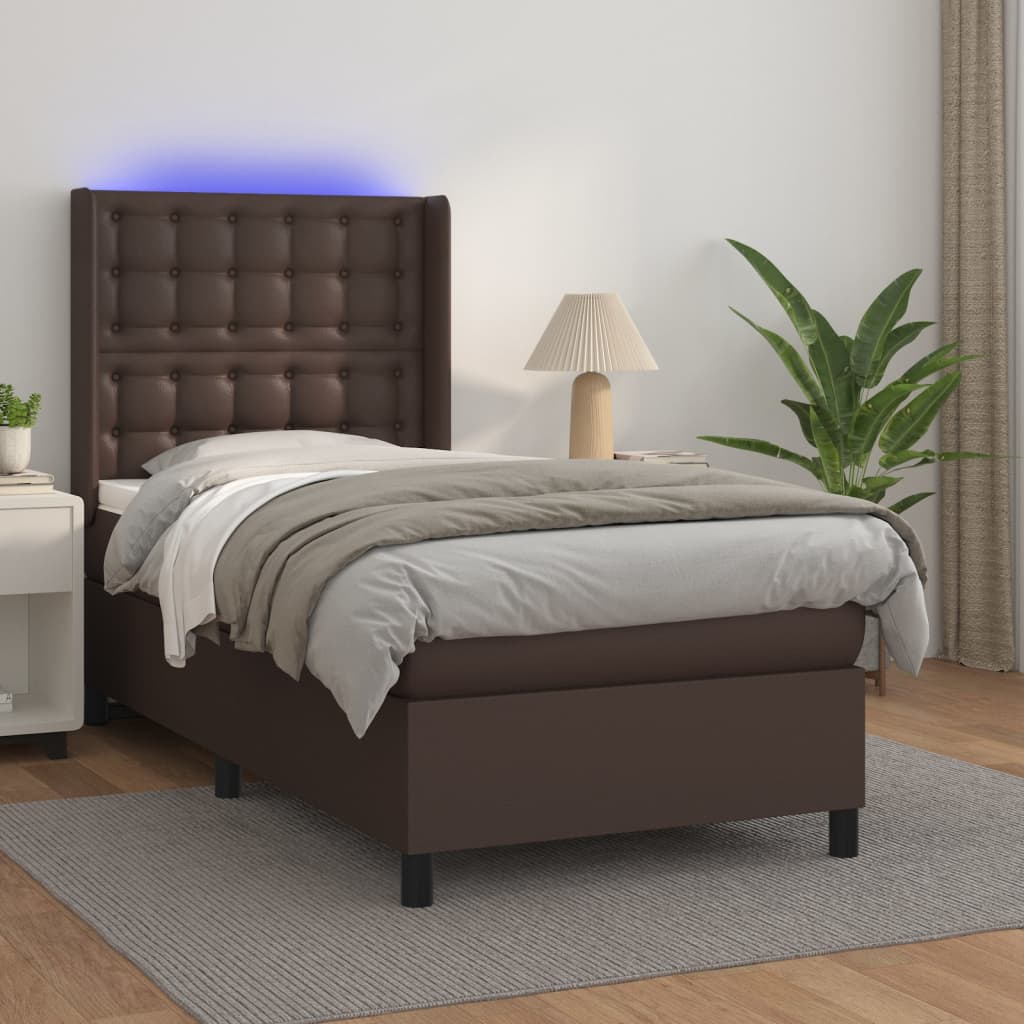 Κρεβάτι Boxspring με Στρώμα & LED Καφέ 90x190 εκ. Συνθ. Δέρμα