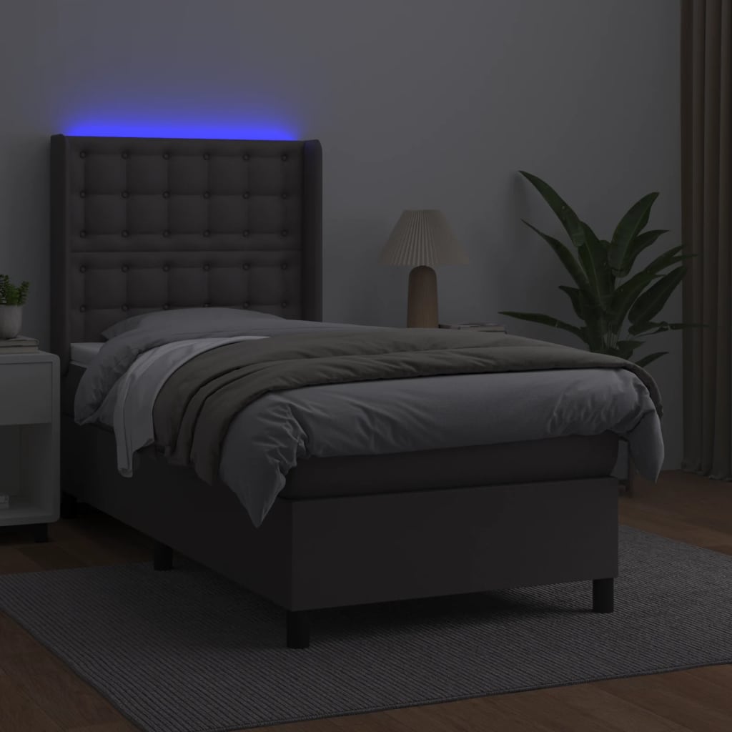 Κρεβάτι Boxspring με Στρώμα & LED Γκρι 90x190 εκ. Συνθ. Δέρμα