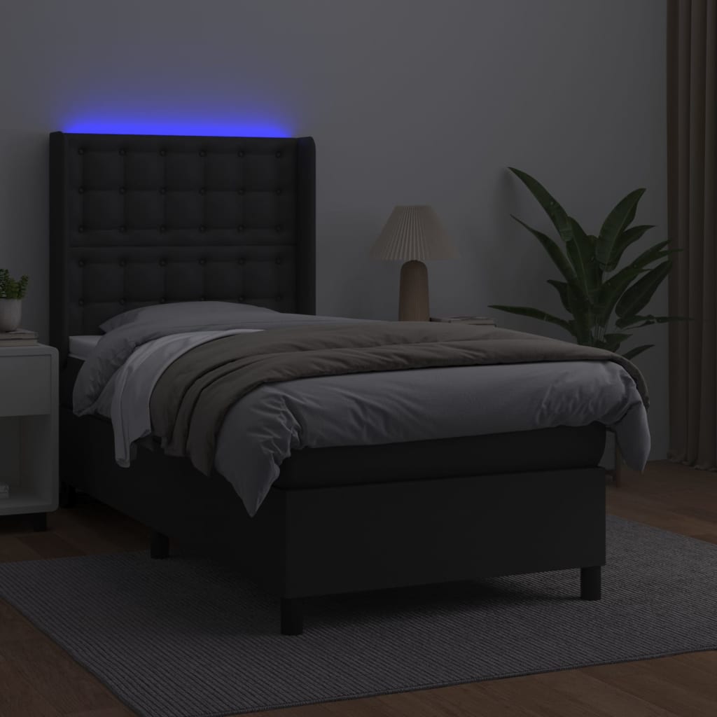 Κρεβάτι Boxspring με Στρώμα & LED Μαύρο 90x200 εκ. Συνθ. Δέρμα