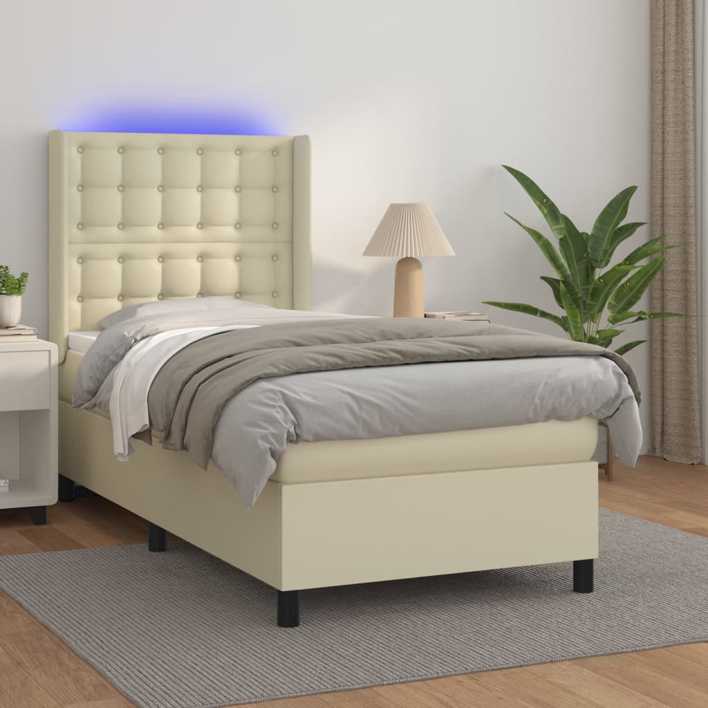 Κρεβάτι Boxspring με Στρώμα & LED Κρεμ 90x200 εκ. Συνθ. Δέρμα - Pakobazaar