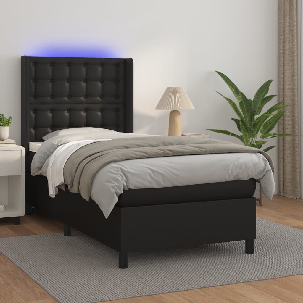 Κρεβάτι Boxspring με Στρώμα & LED Μαύρο 100x200 εκ. Συνθ. Δέρμα