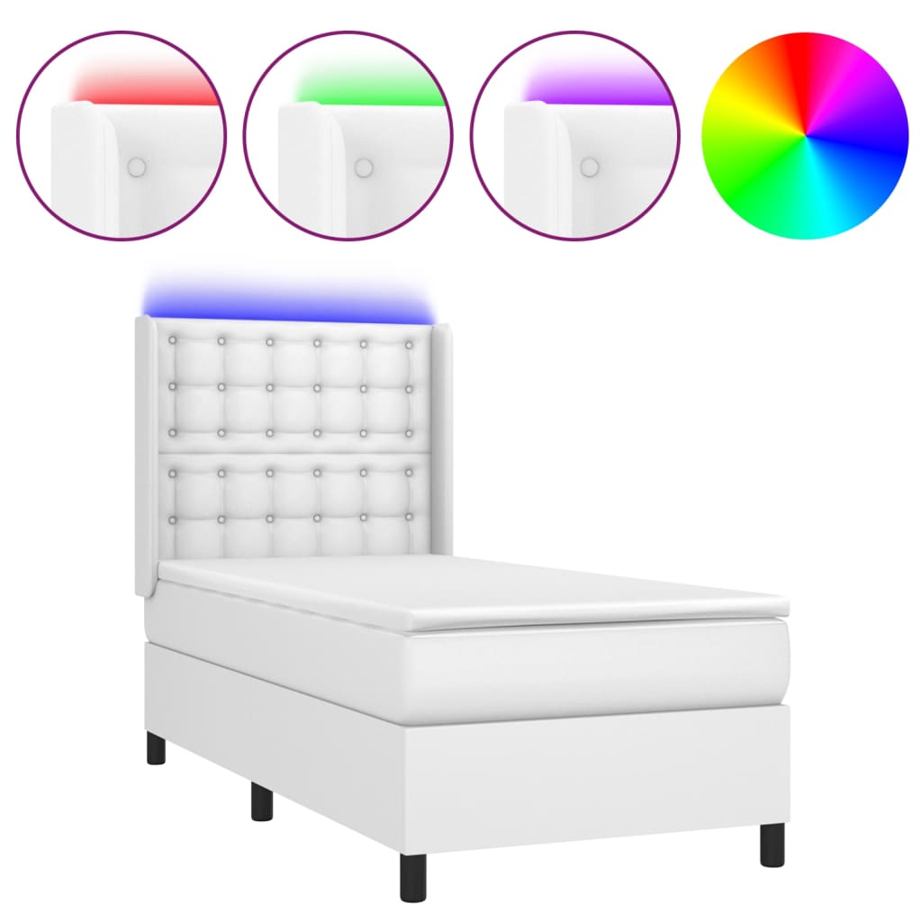Κρεβάτι Boxspring με Στρώμα & LED Λευκό 100x200 εκ. Συνθ. Δέρμα
