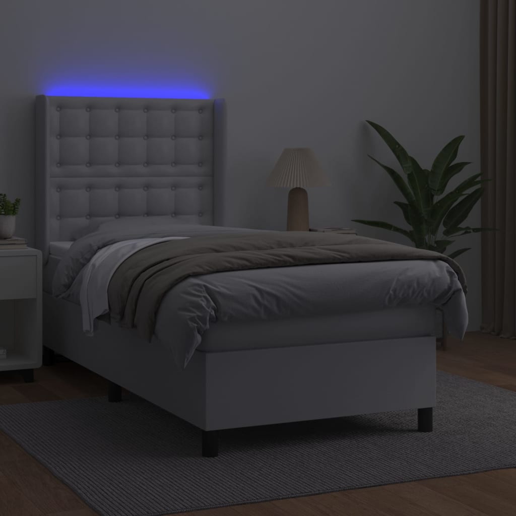 Κρεβάτι Boxspring με Στρώμα & LED Λευκό 100x200 εκ. Συνθ. Δέρμα
