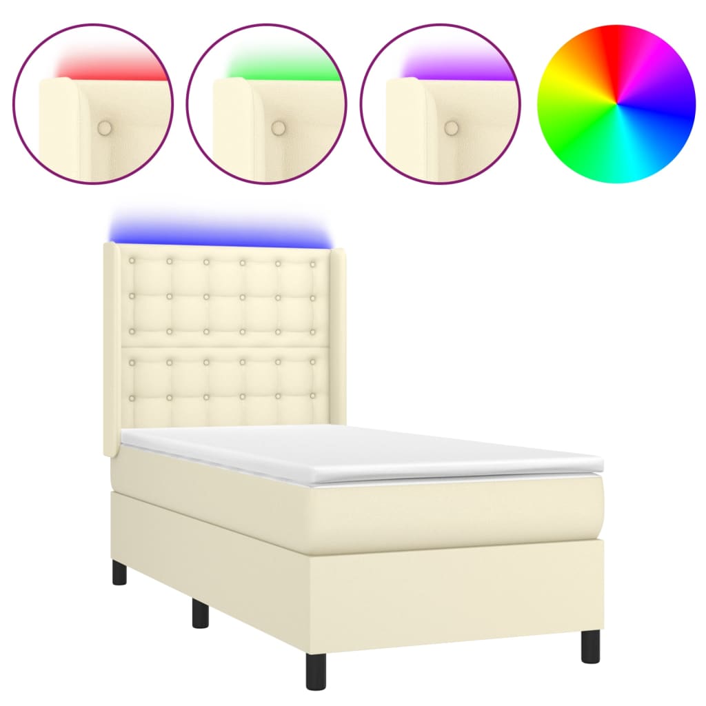 Κρεβάτι Boxspring με Στρώμα & LED Κρεμ 100x200 εκ. Συνθ. Δέρμα - Pakobazaar