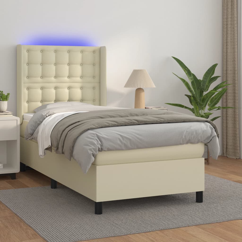 Κρεβάτι Boxspring με Στρώμα & LED Κρεμ 100x200 εκ. Συνθ. Δέρμα - Pakobazaar