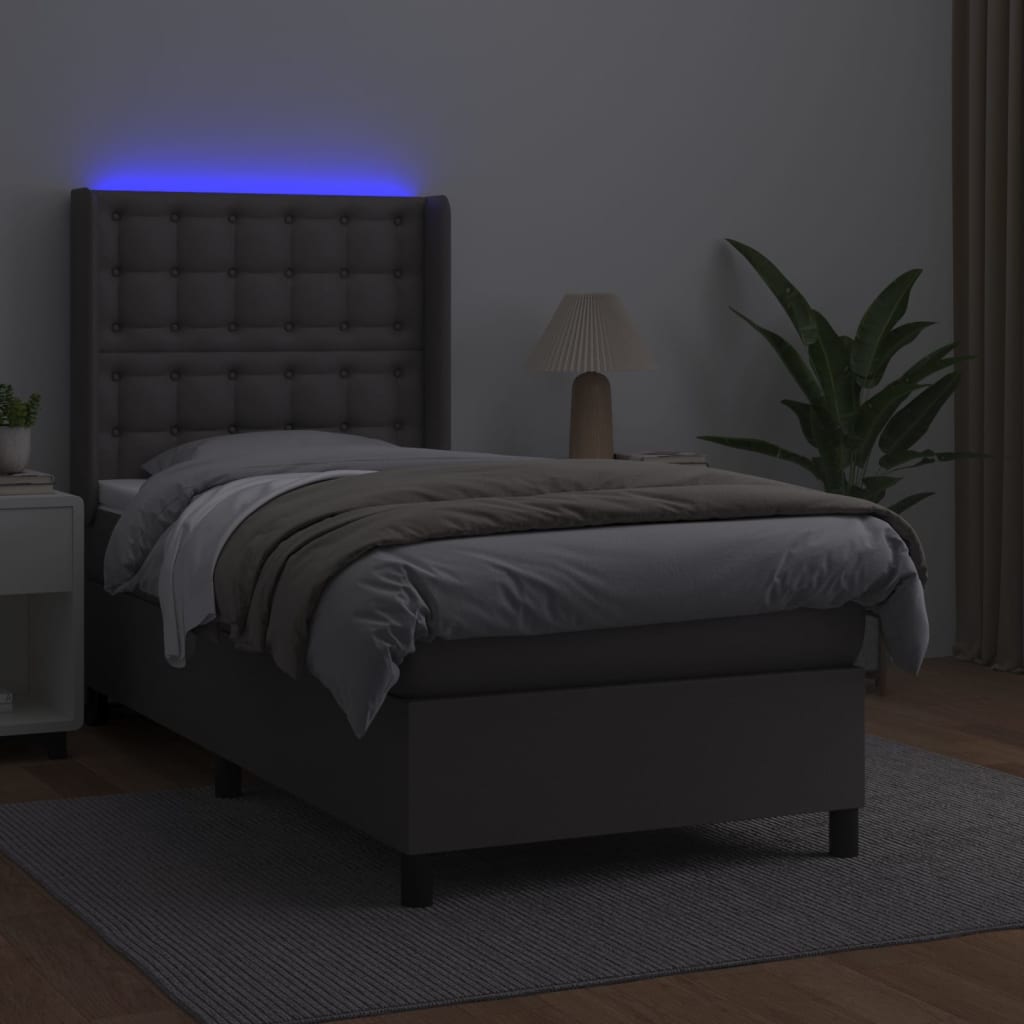 Κρεβάτι Boxspring με Στρώμα & LED Γκρι 100x200 εκ. Συνθ. Δέρμα