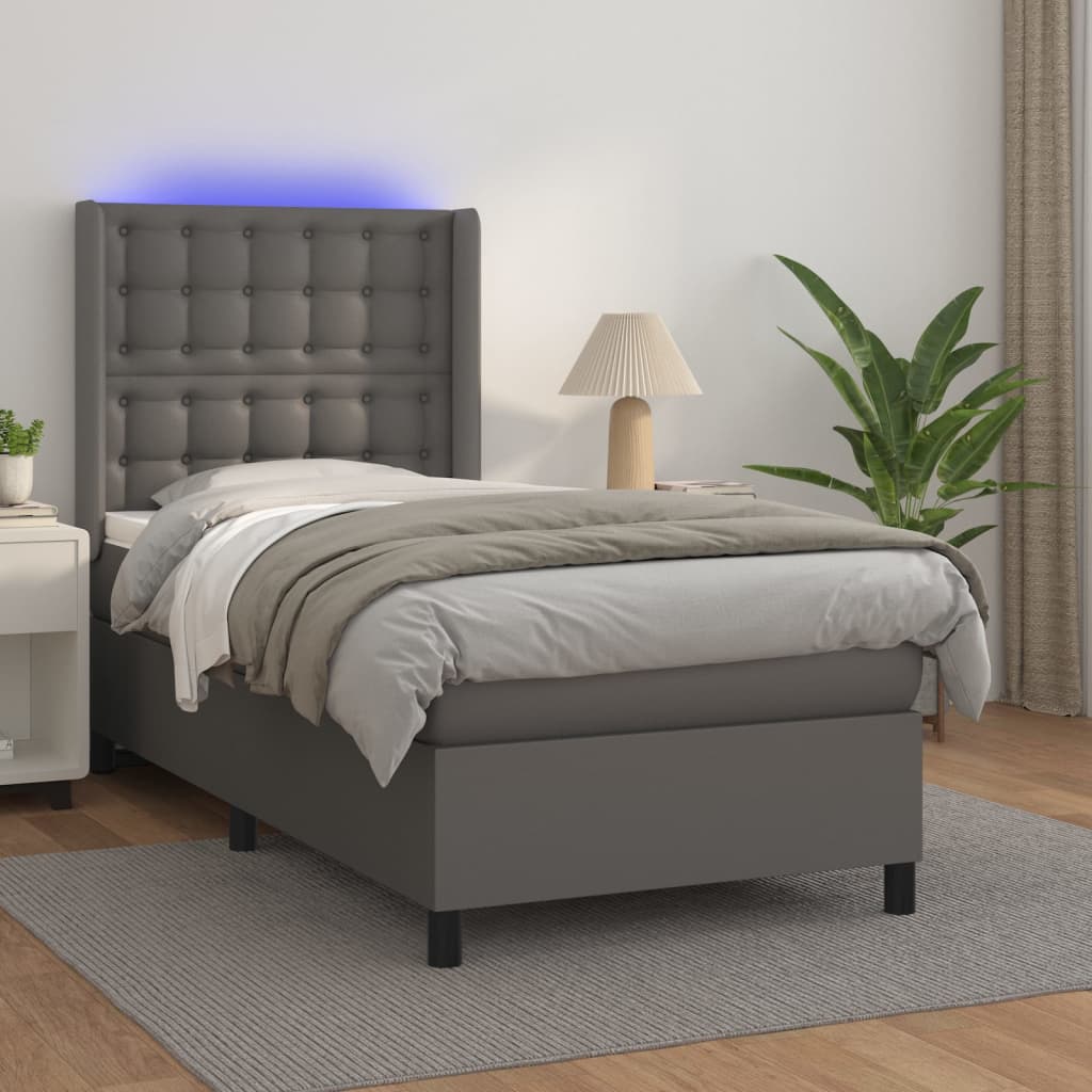 Κρεβάτι Boxspring με Στρώμα & LED Γκρι 100x200 εκ. Συνθ. Δέρμα