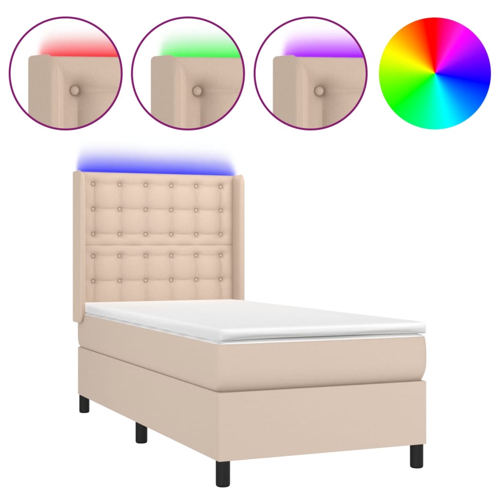 Κρεβάτι Boxspring Στρώμα&LED Καπουτσίνο 100x200 εκ. Συνθ. Δέρμα