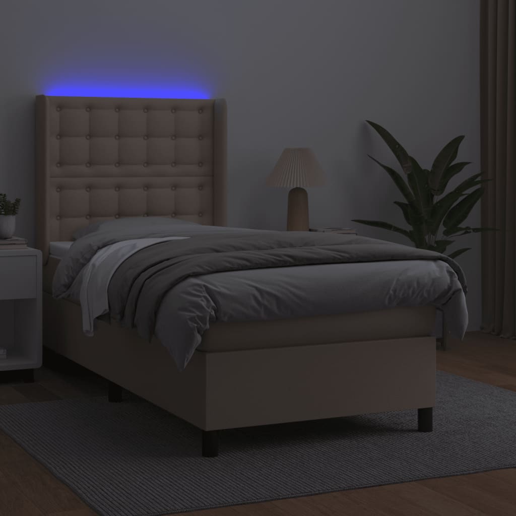 Κρεβάτι Boxspring Στρώμα&LED Καπουτσίνο 100x200 εκ. Συνθ. Δέρμα