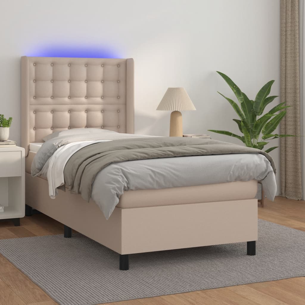 Κρεβάτι Boxspring Στρώμα&LED Καπουτσίνο 100x200 εκ. Συνθ. Δέρμα
