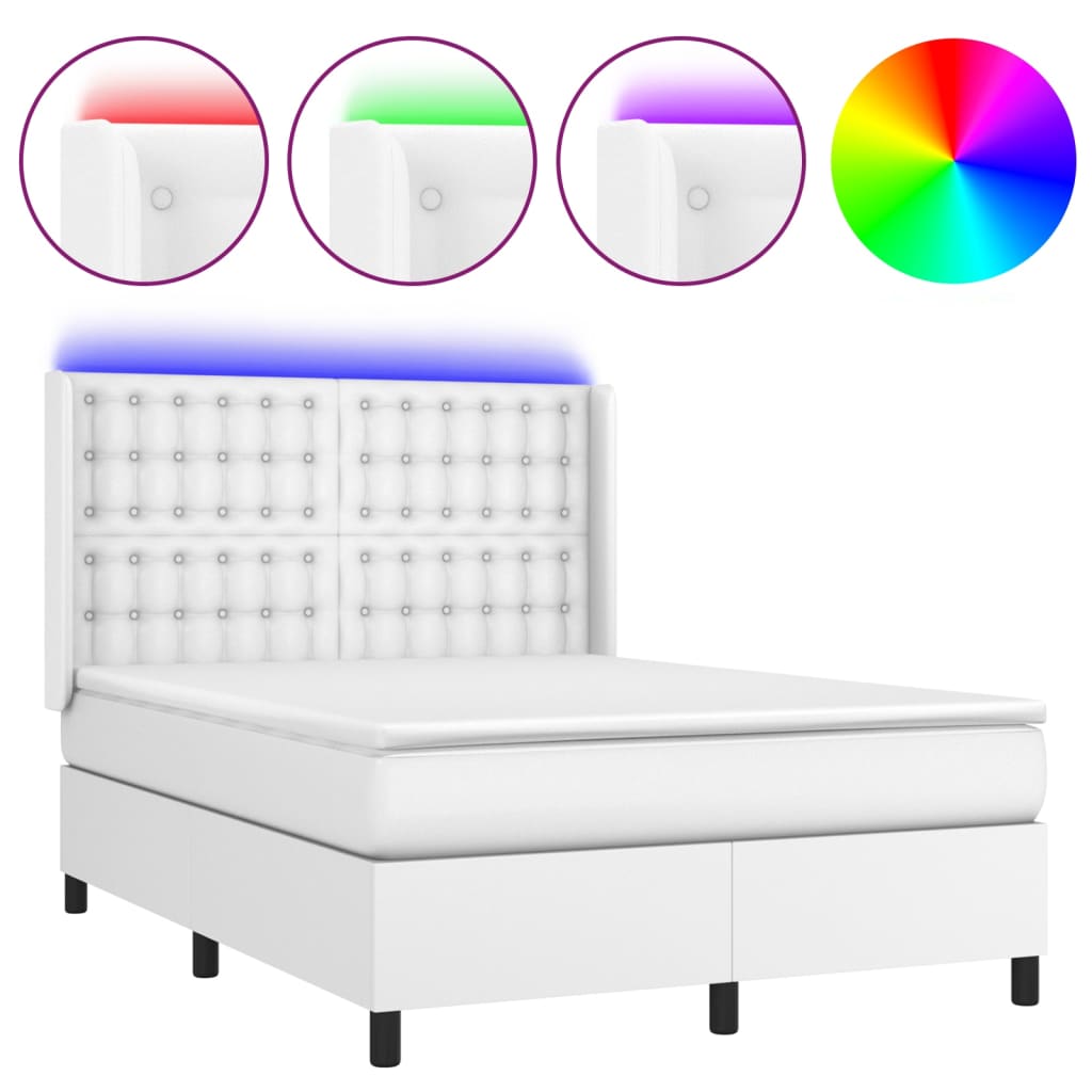 Κρεβάτι Boxspring με Στρώμα & LED Λευκό 140x190 εκ. Συνθ. Δέρμα