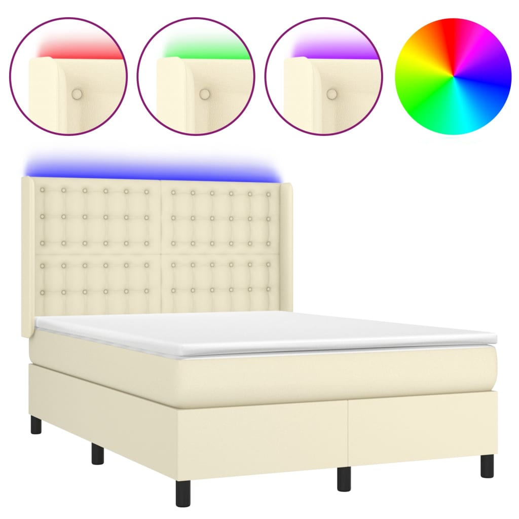 Κρεβάτι Boxspring με Στρώμα & LED Κρεμ 140x190 εκ. Συνθ. Δέρμα - Pakobazaar