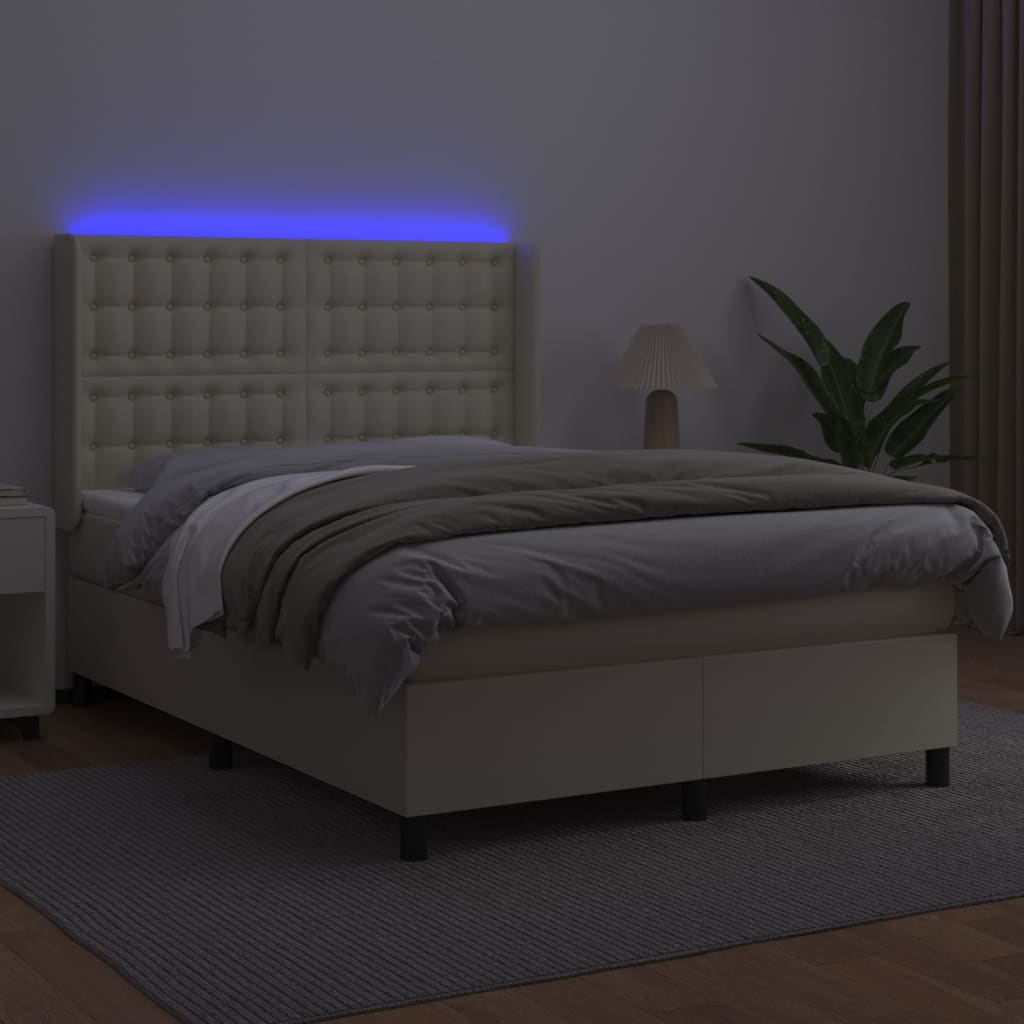 Κρεβάτι Boxspring με Στρώμα & LED Κρεμ 140x190 εκ. Συνθ. Δέρμα - Pakobazaar