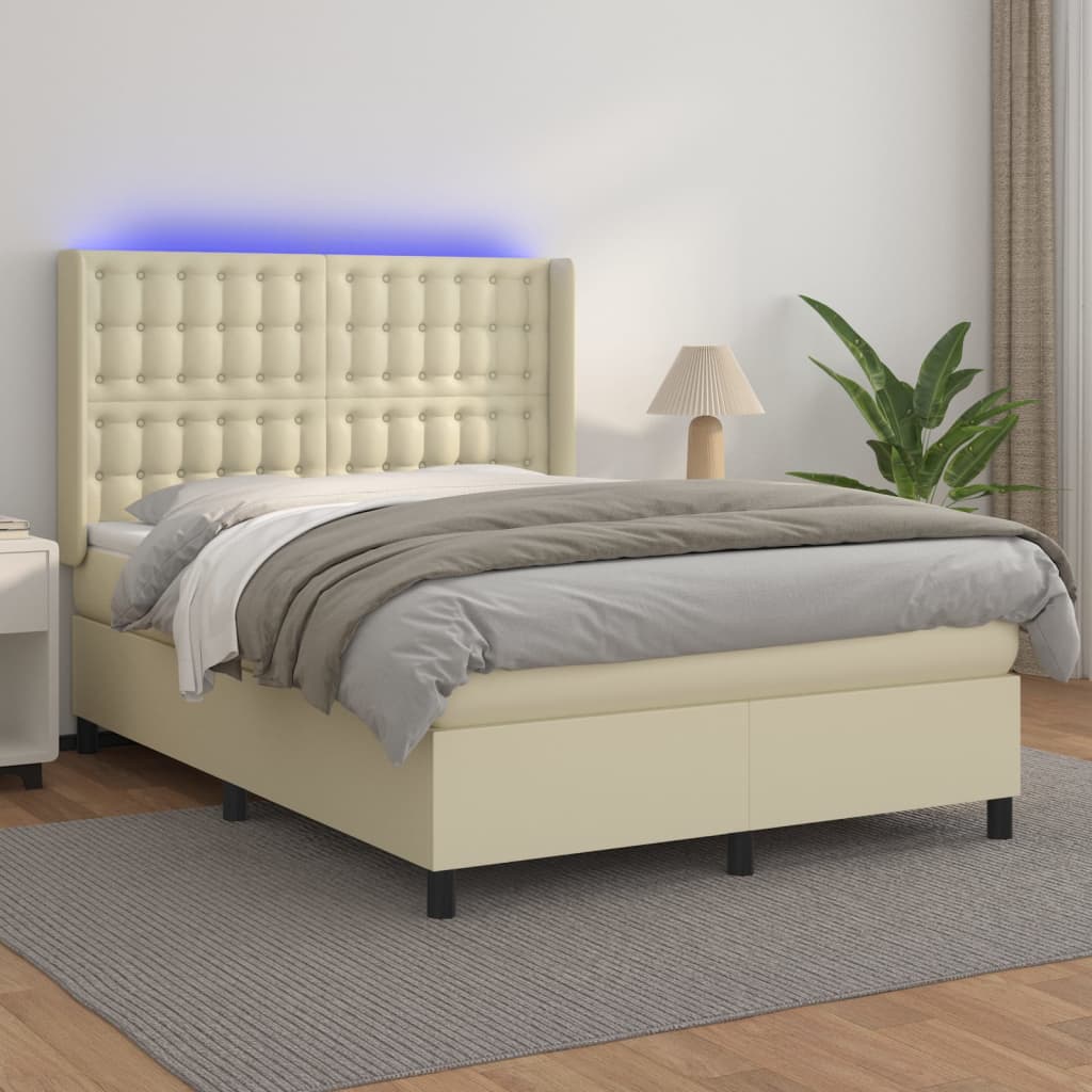 Κρεβάτι Boxspring με Στρώμα & LED Κρεμ 140x190 εκ. Συνθ. Δέρμα - Pakobazaar