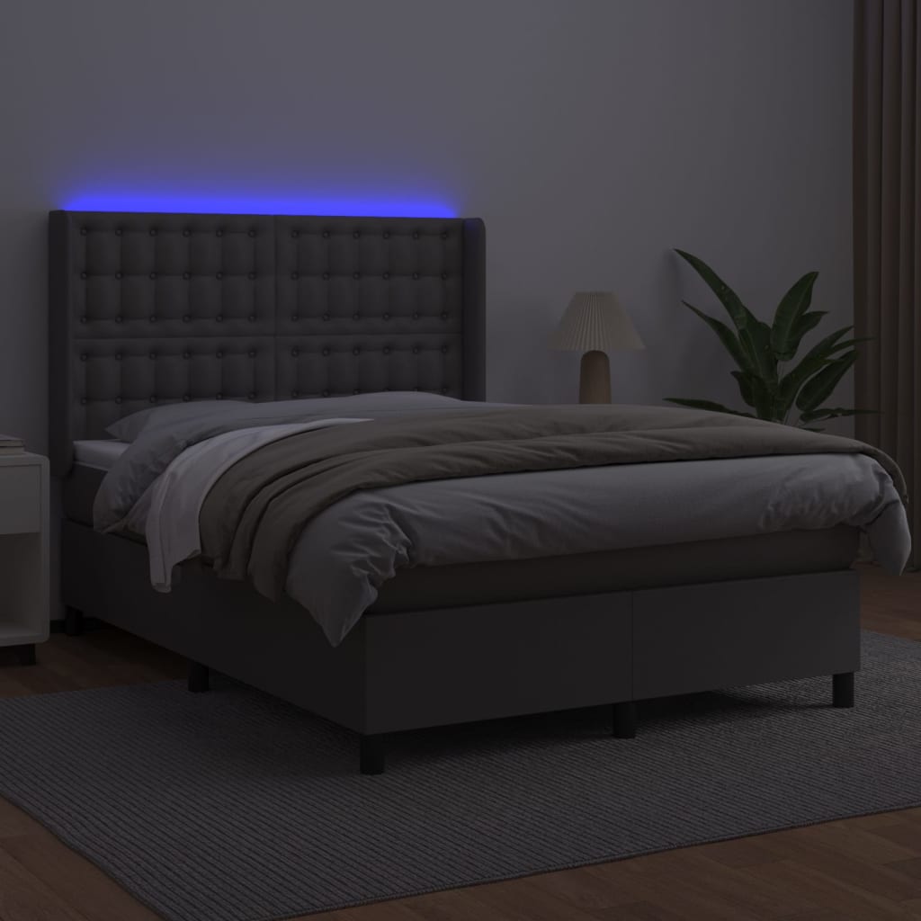 Κρεβάτι Boxspring με Στρώμα & LED Γκρι 140x190 εκ. Συνθ. Δέρμα