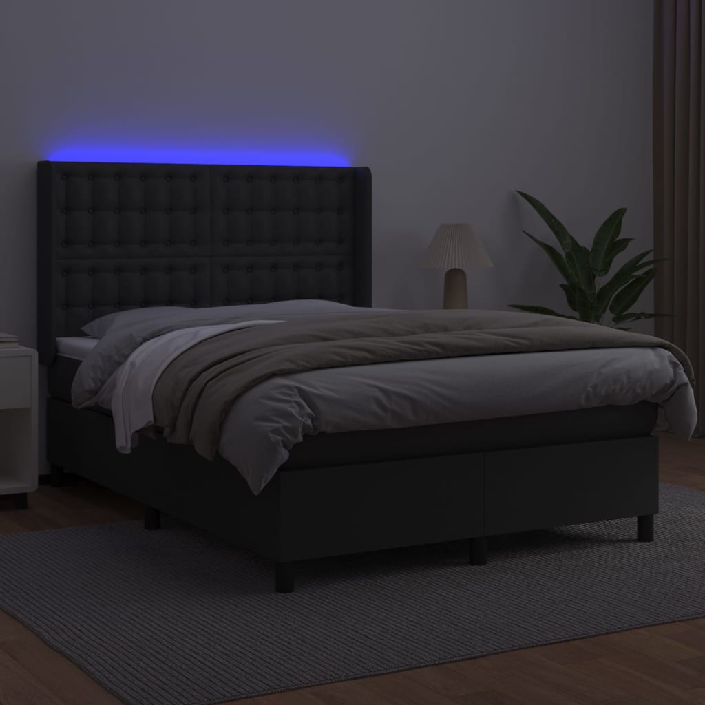 Κρεβάτι Boxspring με Στρώμα & LED Μαύρο 140x200 εκ. Συνθ. Δέρμα - Pakobazaar