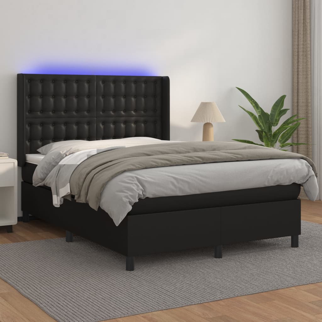 Κρεβάτι Boxspring με Στρώμα & LED Μαύρο 140x200 εκ. Συνθ. Δέρμα - Pakobazaar