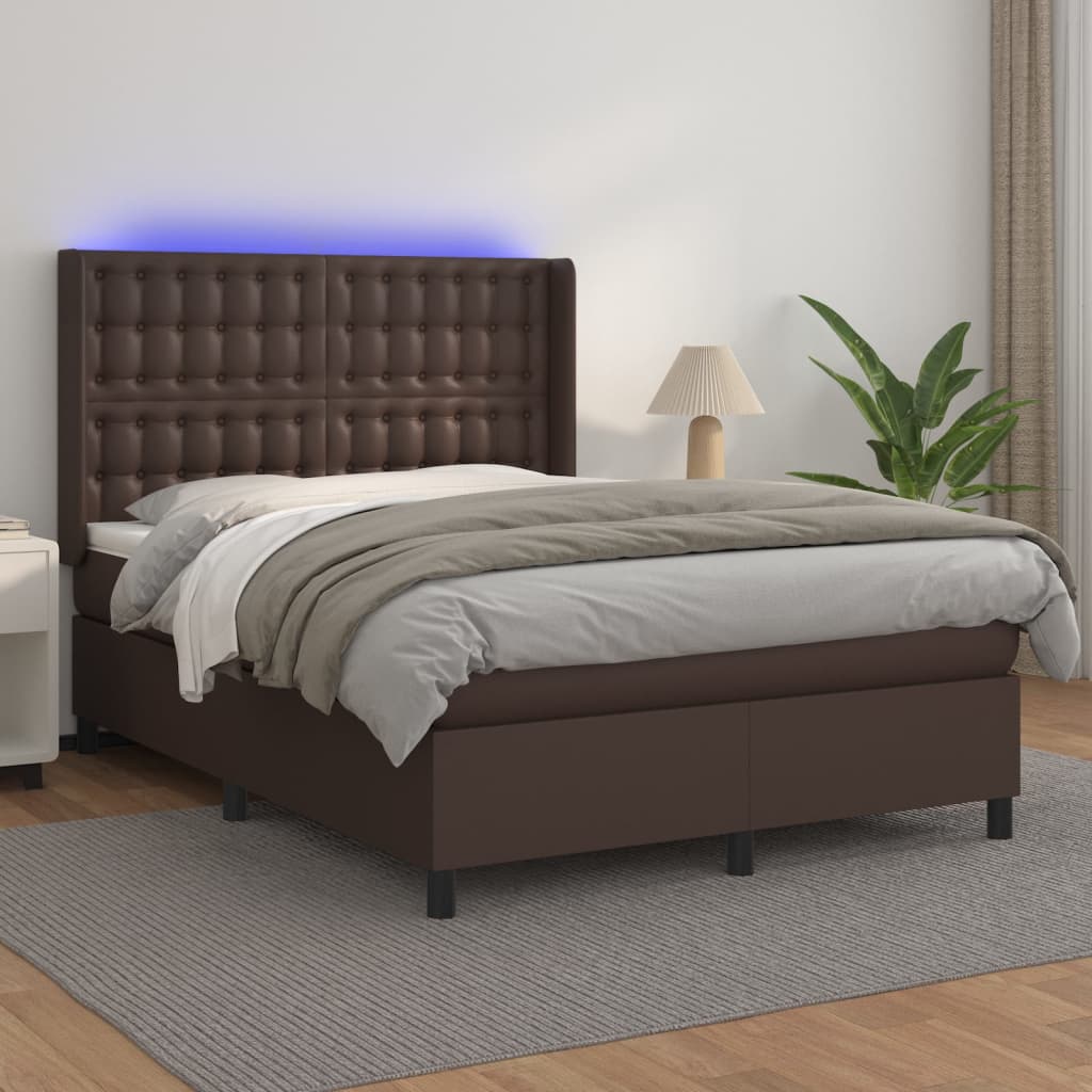 Κρεβάτι Boxspring με Στρώμα & LED Καφέ 140x200 εκ. Συνθ. Δέρμα