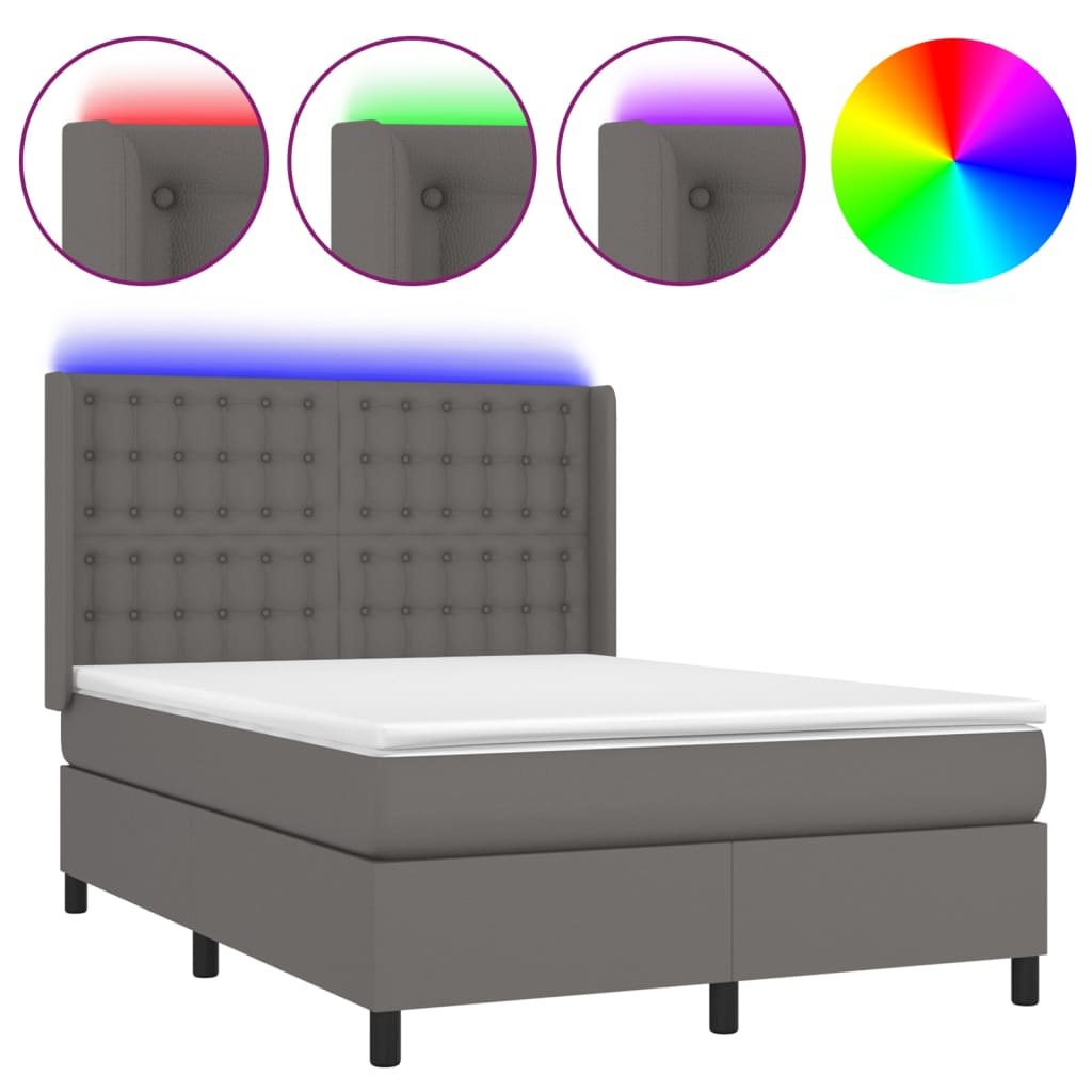 Κρεβάτι Boxspring με Στρώμα & LED Γκρι 140x200 εκ. Συνθ. Δέρμα