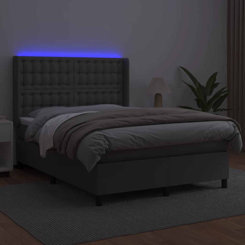 Κρεβάτι Boxspring με Στρώμα & LED Γκρι 140x200 εκ. Συνθ. Δέρμα
