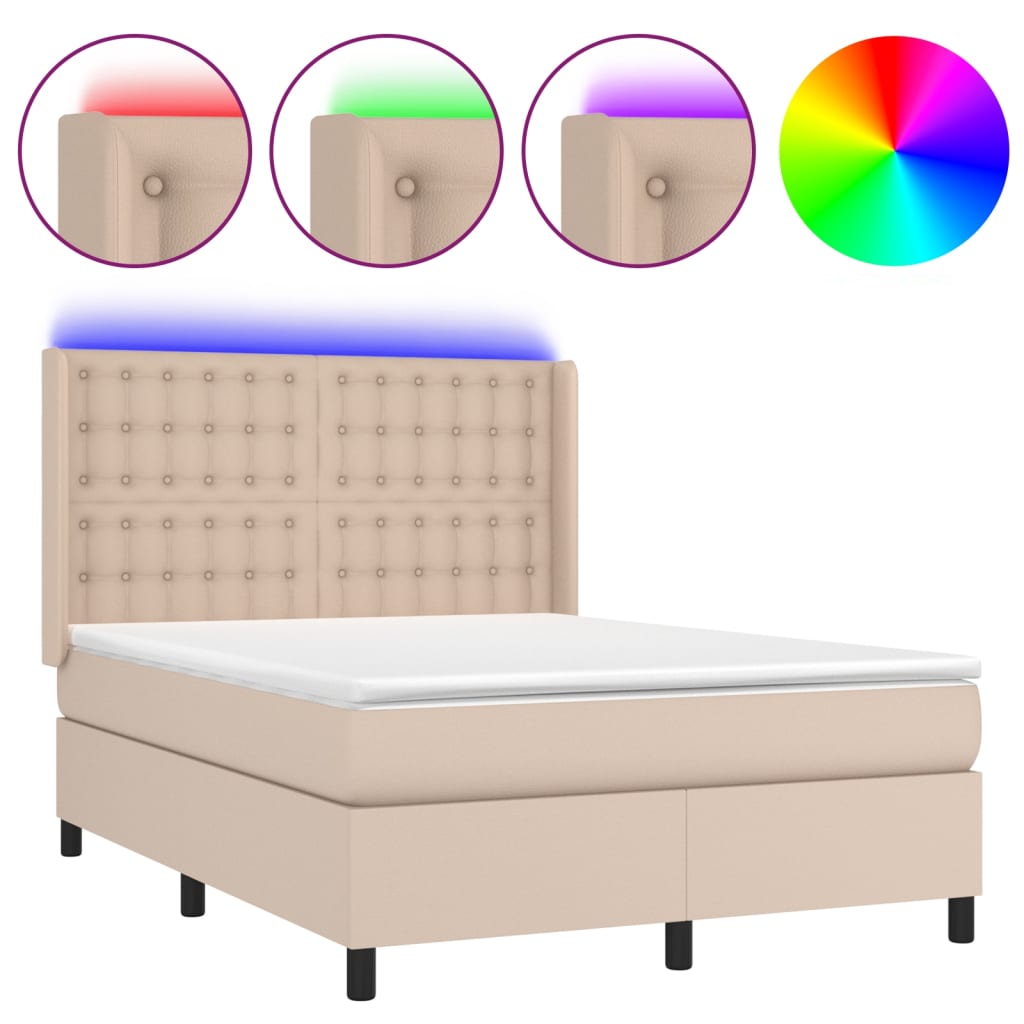 Κρεβάτι Boxspring Στρώμα&LED Καπουτσίνο 140x200 εκ. Συνθ. Δέρμα - Pakobazaar
