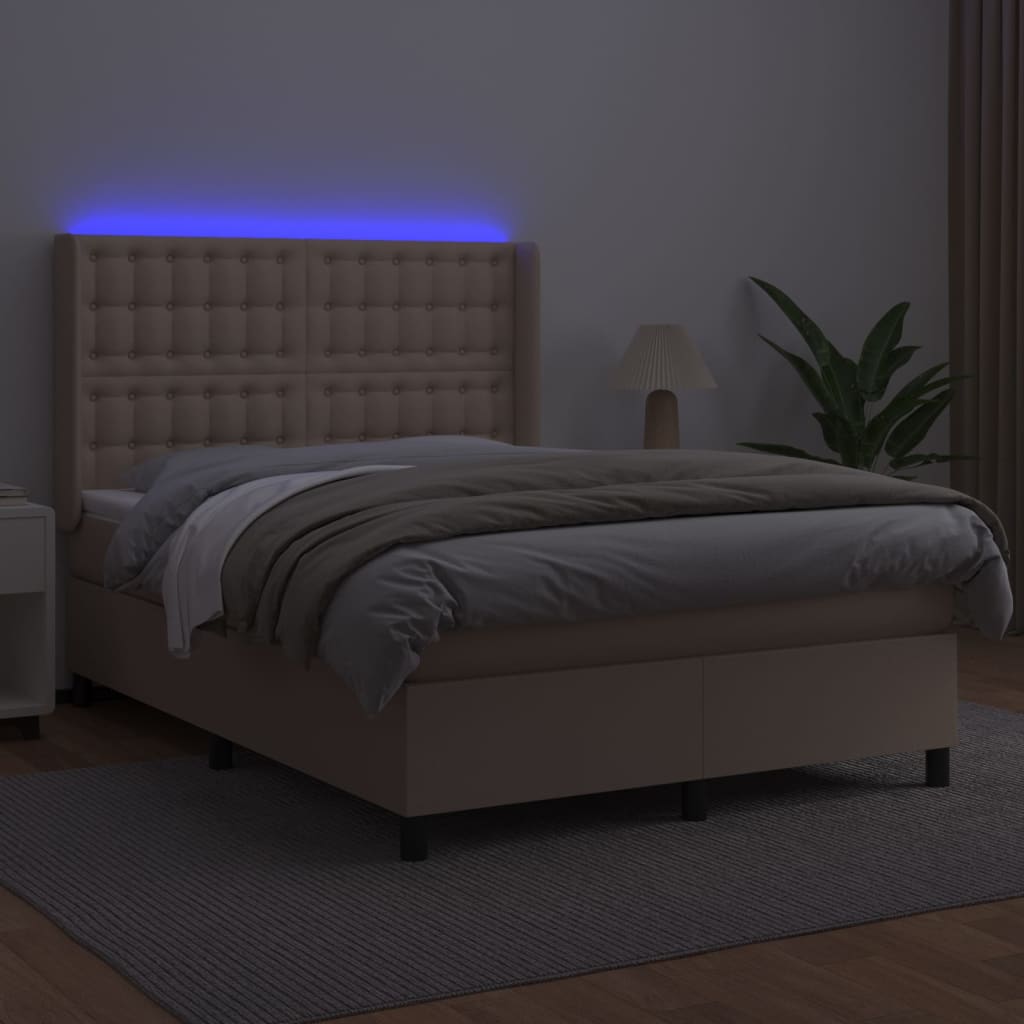 Κρεβάτι Boxspring Στρώμα&LED Καπουτσίνο 140x200 εκ. Συνθ. Δέρμα - Pakobazaar