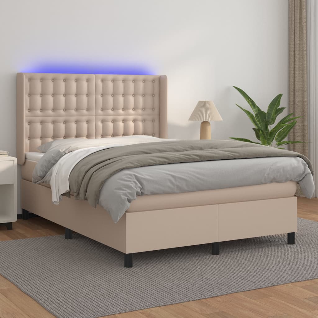 Κρεβάτι Boxspring Στρώμα&LED Καπουτσίνο 140x200 εκ. Συνθ. Δέρμα - Pakobazaar