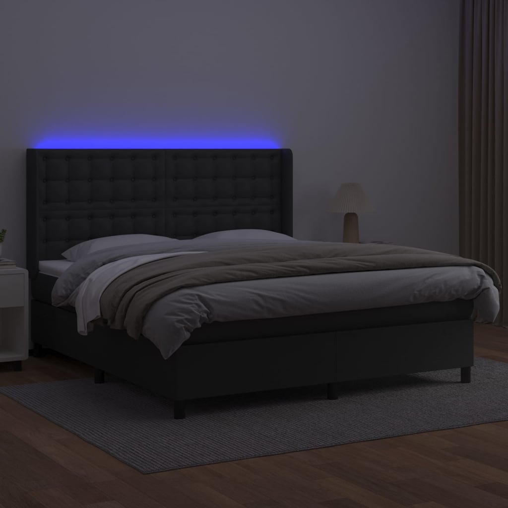 Κρεβάτι Boxspring με Στρώμα & LED Μαύρο 160x200 εκ. Συνθ. Δέρμα