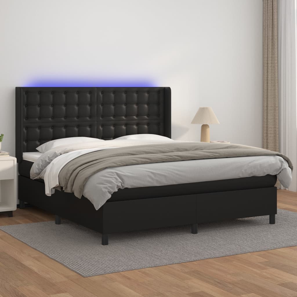 Κρεβάτι Boxspring με Στρώμα & LED Μαύρο 160x200 εκ. Συνθ. Δέρμα