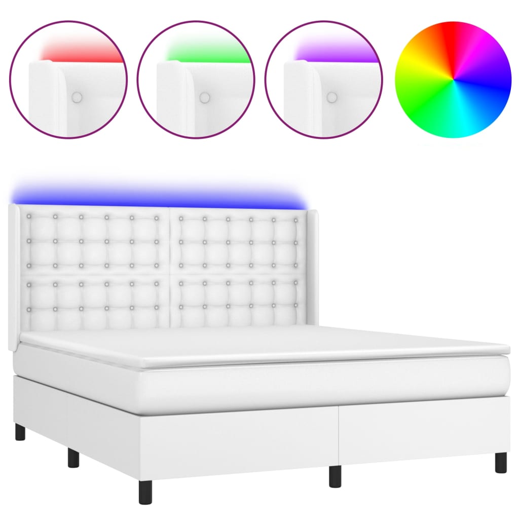 Κρεβάτι Boxspring με Στρώμα & LED Λευκό 160x200 εκ. Συνθ. Δέρμα