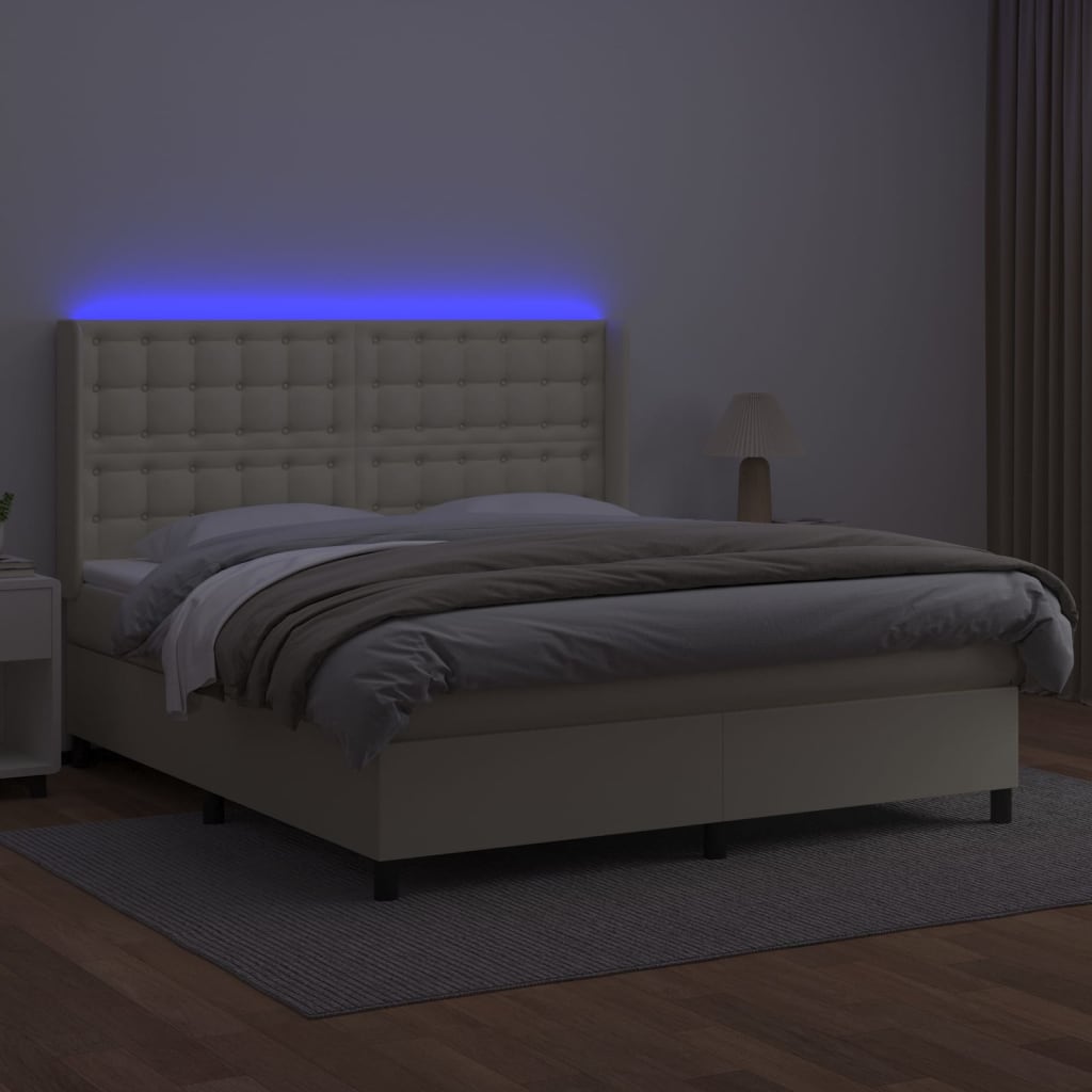 Κρεβάτι Boxspring με Στρώμα & LED Κρεμ 160x200 εκ. Συνθ. Δέρμα - Pakobazaar