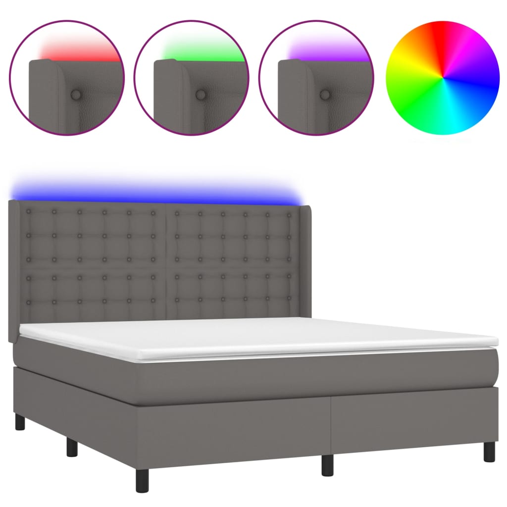 Κρεβάτι Boxspring με Στρώμα & LED Γκρι 160x200 εκ. Συνθ. Δέρμα