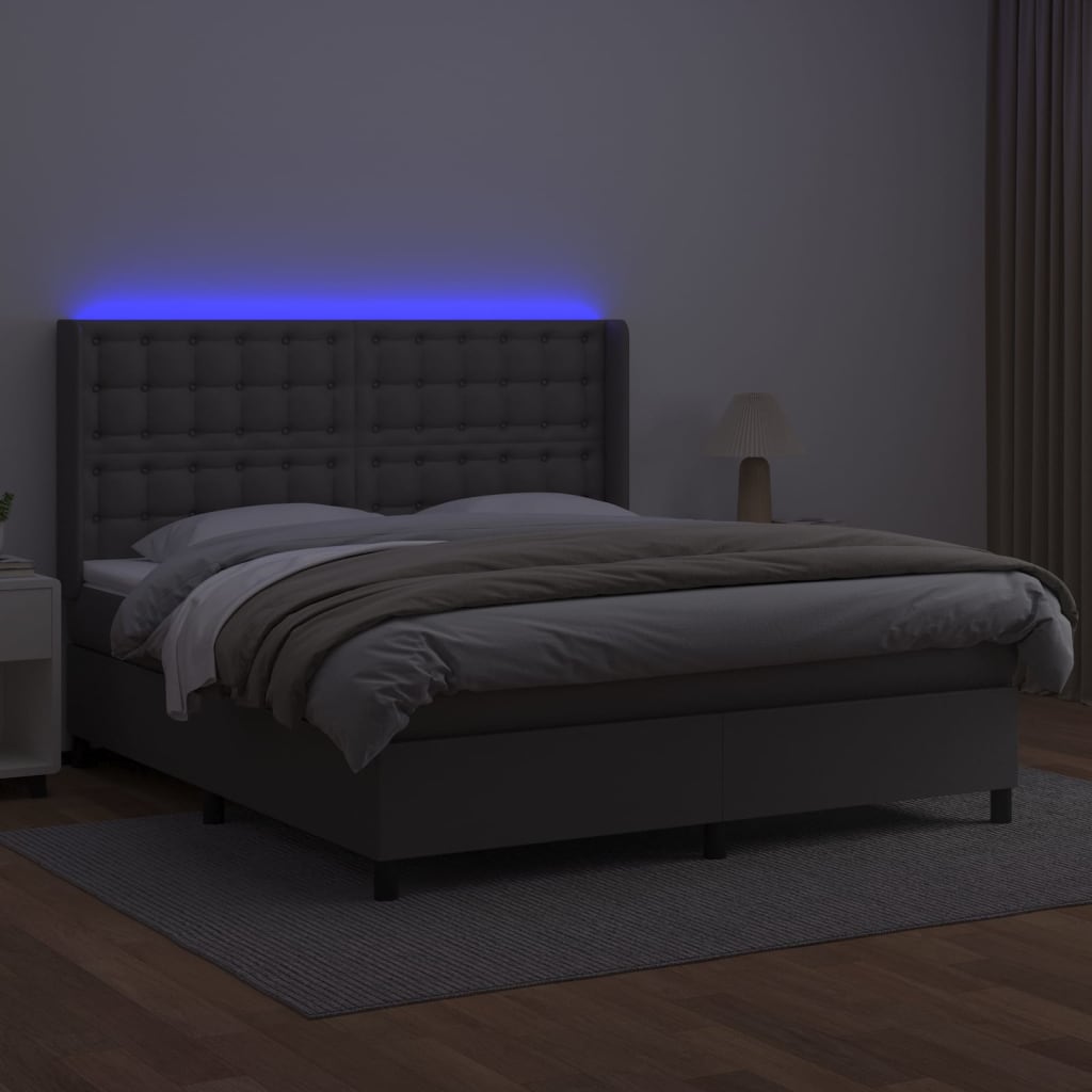 Κρεβάτι Boxspring με Στρώμα & LED Γκρι 160x200 εκ. Συνθ. Δέρμα